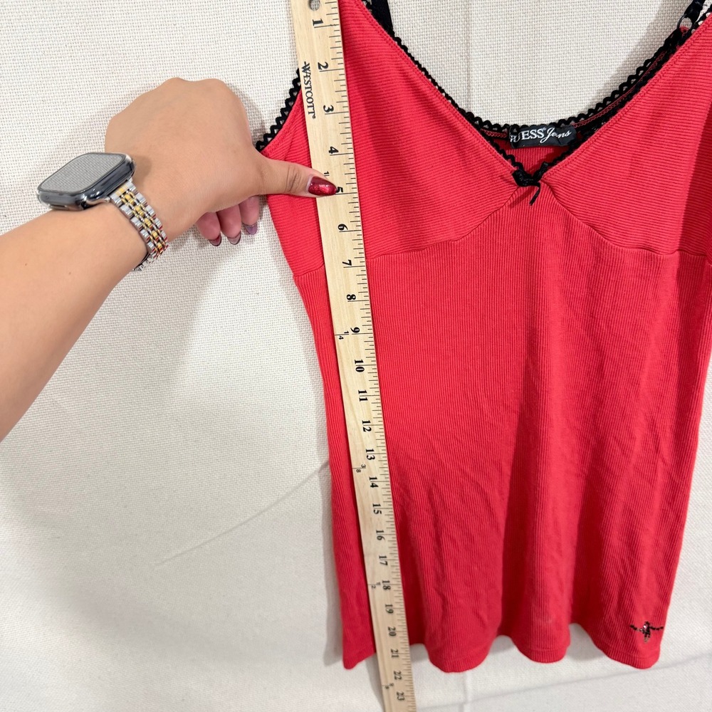Guess Jeans Red Ribbed Lace Trim Camisole Tank Top XL Bow Rhinestone Y2K - Picture 6 of 6